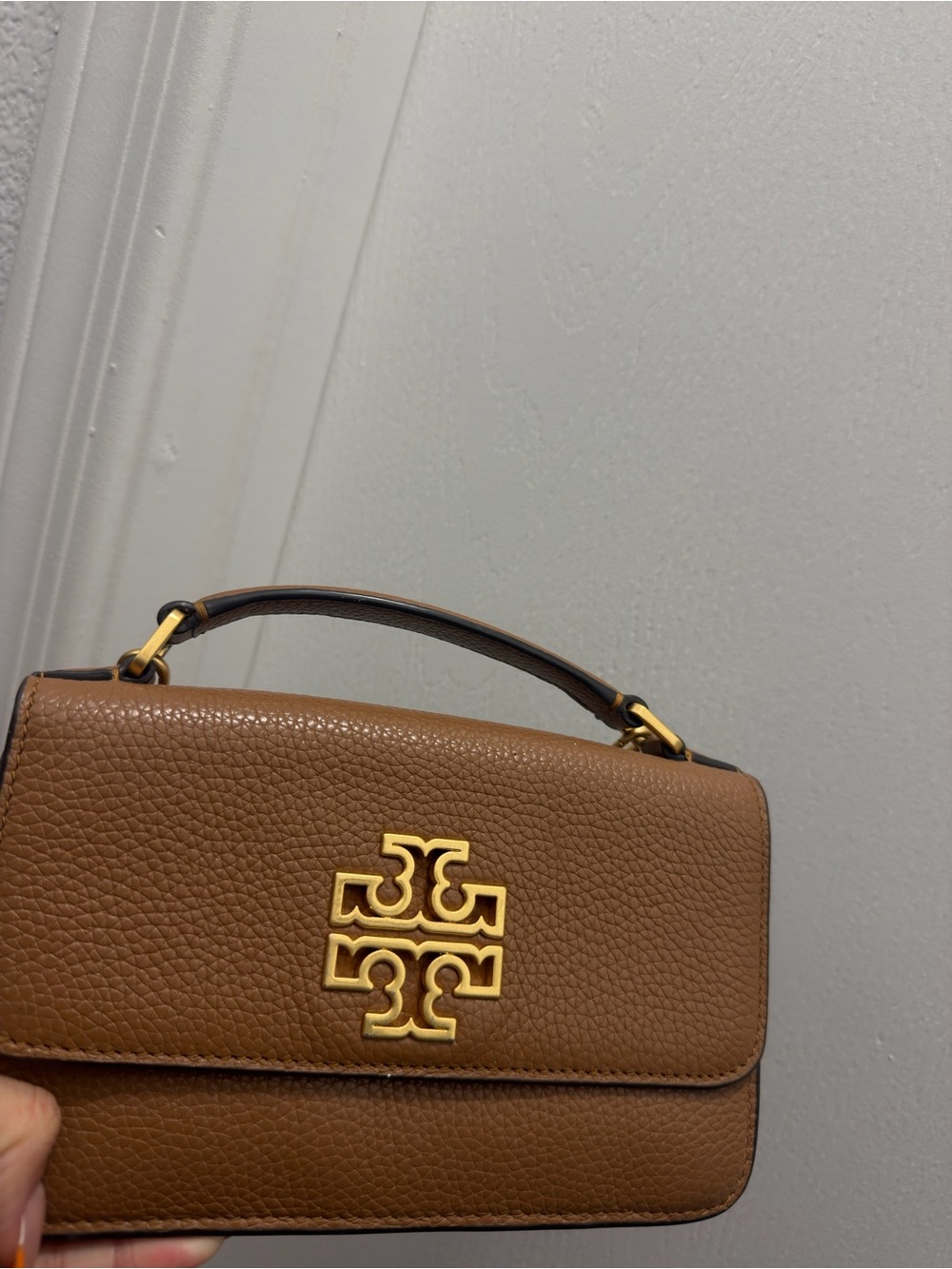 Tory Burch Mini Top-Handle Bag in Chestnut Brown with Gold Logo